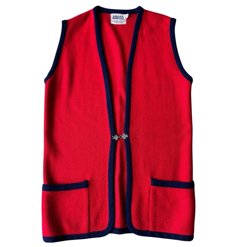 Vintage 60s Amana Woolen‎ Mills Long Clasp Red Navy Vest USA Sz 40 Orlon Acrylic